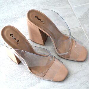 Women's Qupid Nude-Cream Color, Clear Strap, Block Heel Mules, Size 10